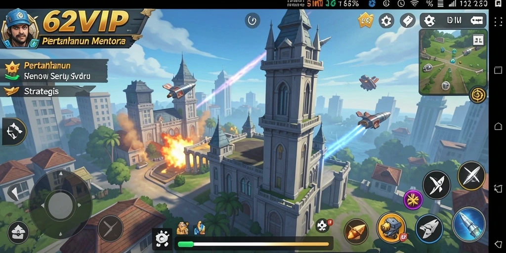 Tampilan screenshot gameplay Tower Defense 62VIP menunjukkan aksi seru dan strategi menara.