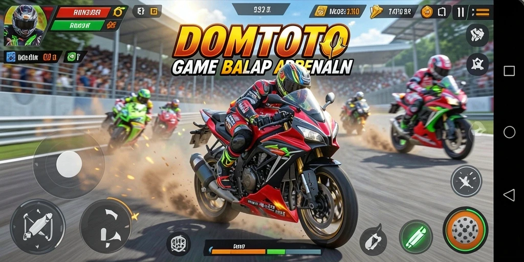 Screenshot gameplay DOMTOTO menampilkan aksi balapan motor yang intens.