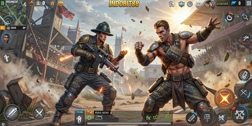 Tampilan gameplay mendebarkan di arena Battle Royale INDOBIT88.