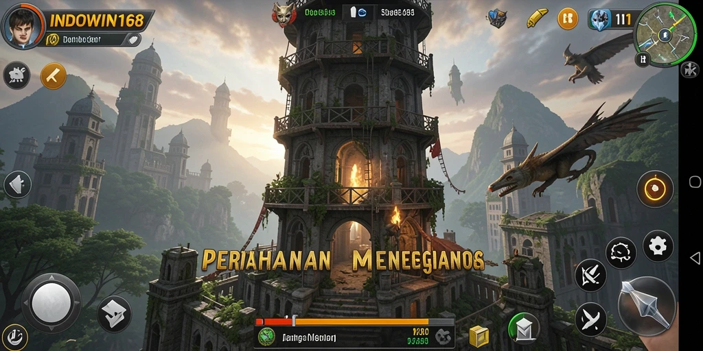 Tangkapan layar gameplay INDOWIN168 menampilkan menara melawan gelombang musuh yang menegangkan.
