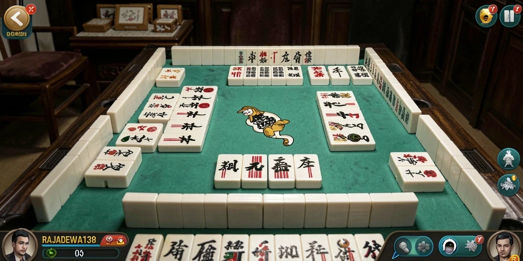 Tampilan gameplay menarik dari RAJADEWA138 yang menunjukkan strategi Mahjong.
